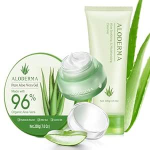 Aloderma Basic Aloe Soothing & Repairing Skin Care Set - 4 Pieces - Soothing Cream x 2pcs, Soothing Cleanser, 200g Aloe Vera Gel