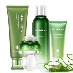 Aloderma Essential Aloe Brightening Skin Care Set - 5 Pieces - Gel, Cleanser x2pcs, Toner, Cream