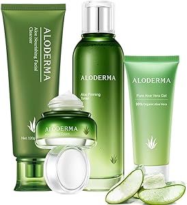 Aloderma Essential Aloe Firming & Rejuvenating Skin Care Set - 5 Pieces - Gel, Cleanser, Toner x2, Cream