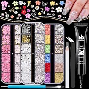 3D Nail Charms, Manicure Kit with Nail Rhinestone Glue Gel (UV Curing), Butterfly Colorful Flower Starry AB Gems Caviar Beads Half Round Pearl & Flatback Glass AB + Clear Crystal with Dotting Tools