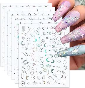 6 Sheets Star Nail Art Stickers Decal Aurora Star Moon Nail Stickers 3D Self-Adhesive Shiny Starlight Planet Nail Art Supplies Holographic Metallic Nail Decals for Women Girls DIY Manicure Decorations